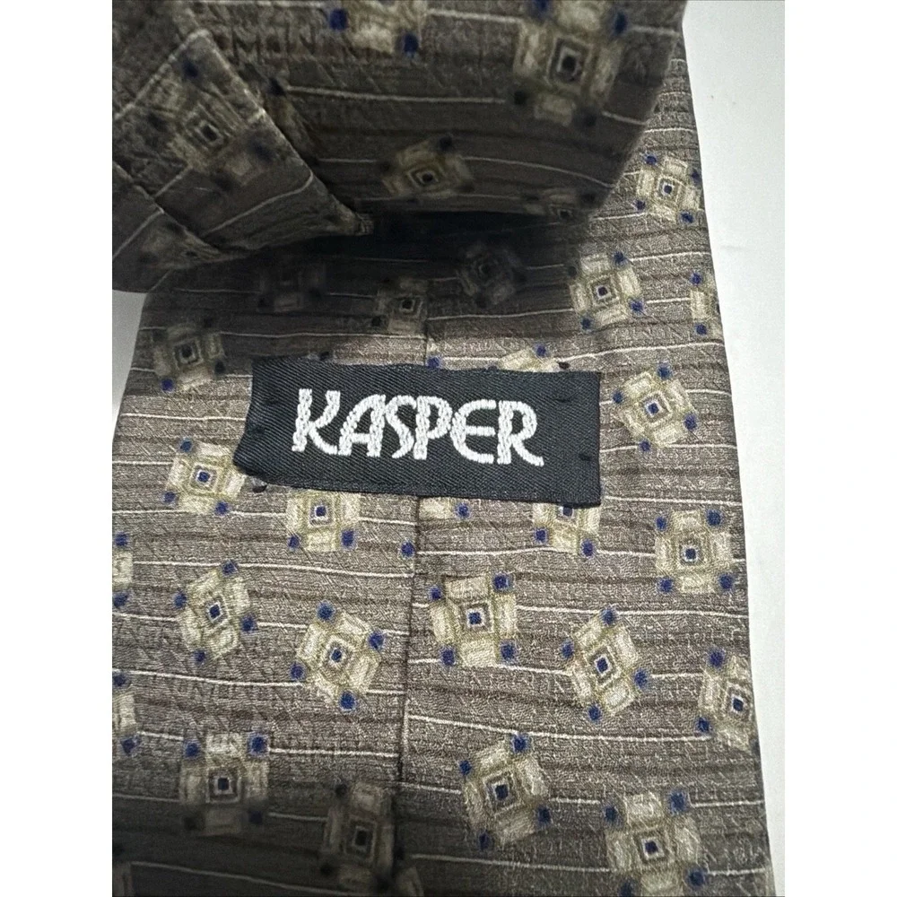 Kasper Mens Tie 100% Italian Silk Geometric Taupe Blue Brown Formal Necktie